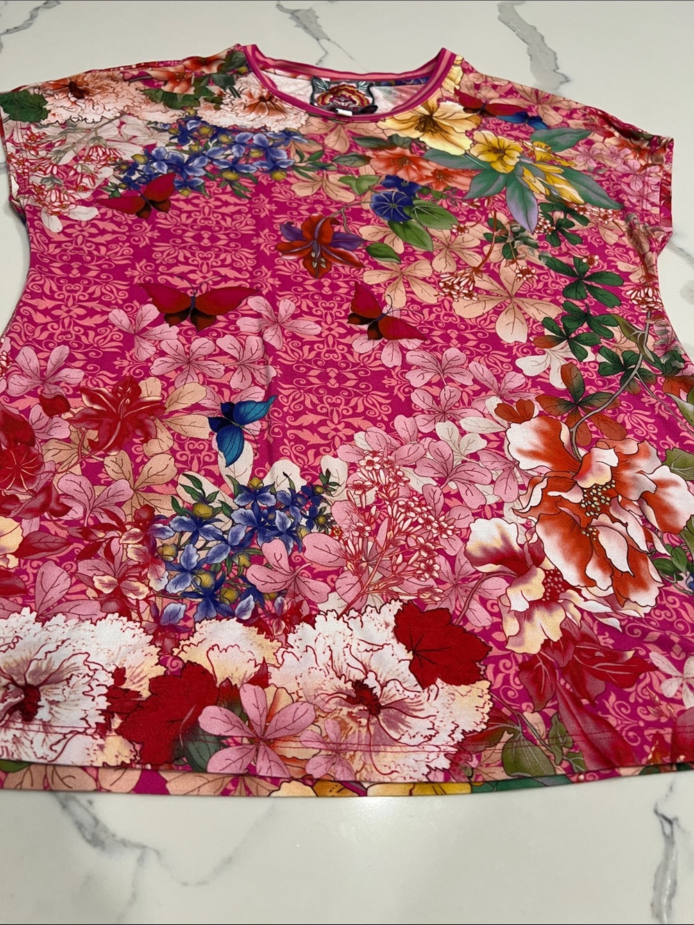 Johnny Was Bright Pink Floral & Butterfly Short Sleeve Tee